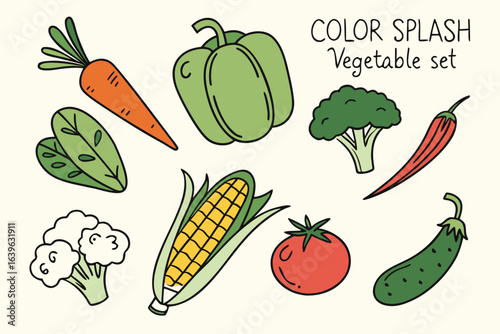 Colorful hand drawn vegetable collection with bold outlines