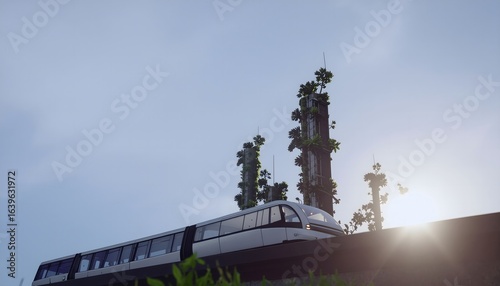 A futuristic monorail train speeds through a sustainable green city with vertical garden towers. A concept for the future of public transportation and eco-friendly urban living.