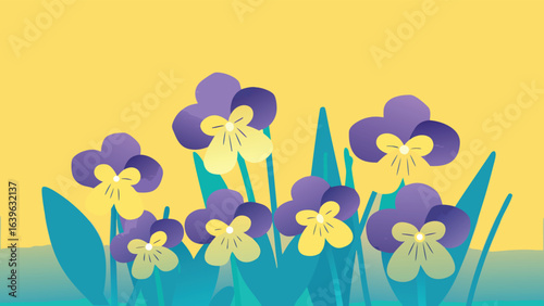Illustration of several purple and yellow pansy flowers with green leaves against a yellow background scene
