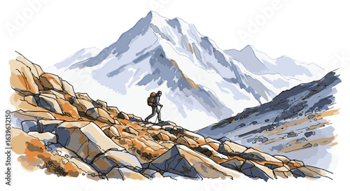 Solo hiker trekking mountain trail, vector illustration