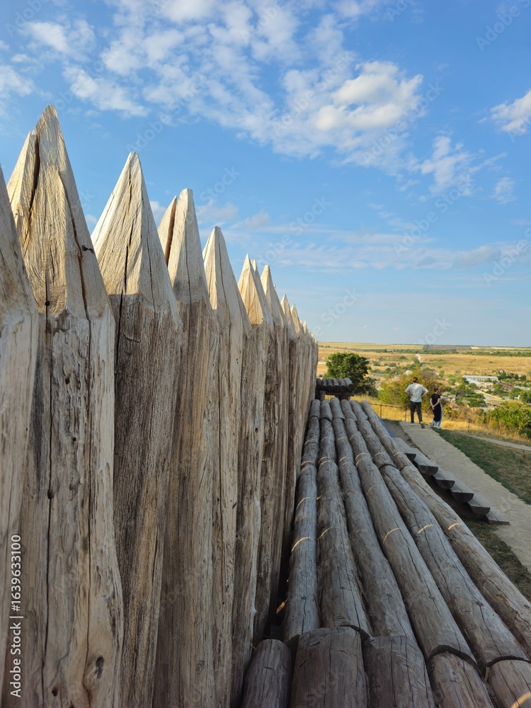 Fototapeta premium A group of people walking on a dirt road between large cactus like structures
