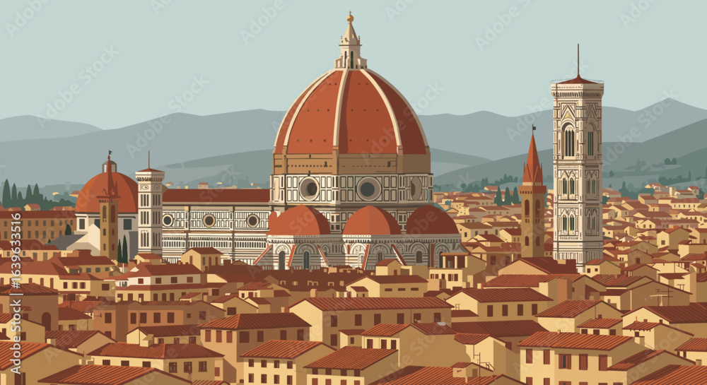 Fototapeta premium Captivating sunset over florence skyline aerial view of architectural heritage and urban landscape cultural gem of italy. Vector illustration