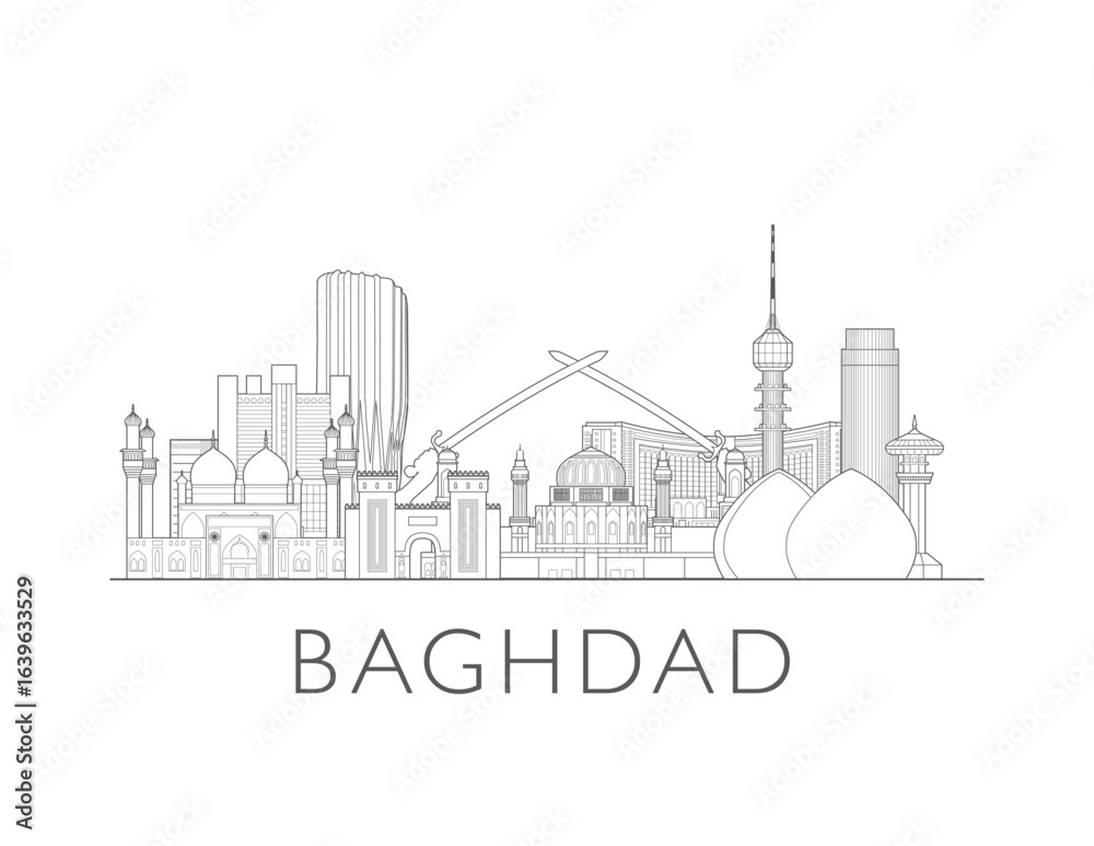 Obraz premium Black and white drawing of Baghdad, Iraq cityscape illustration skyline