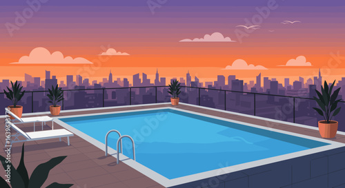 Sunset relaxation by the poolside with city skyline urban landscape digital artwork serene evening view. Vector illustration