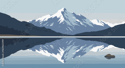 Majestic mountain reflection in tranquil lake nature scene serene environment panoramic view. Vector illustration