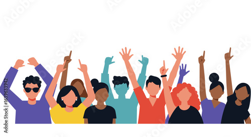 Celebration of unity and diversity a crowd of enthusiastic people raising hands in joyful anticipation. Vector illustration