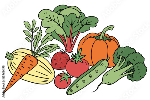 A colorful assortment of fresh vegetables and fruits in a healthy food illustration