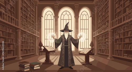 Magical wizard casting spells in a grand library fantasy artwork enchanted atmosphere perspective view. Vector illustration