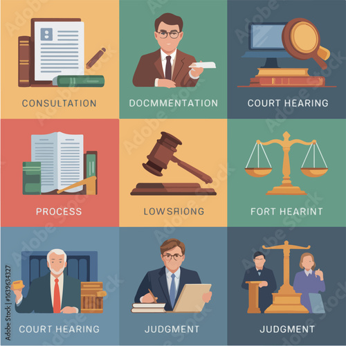Illustration showing legal process consultation documentation court hearing and judgment stages