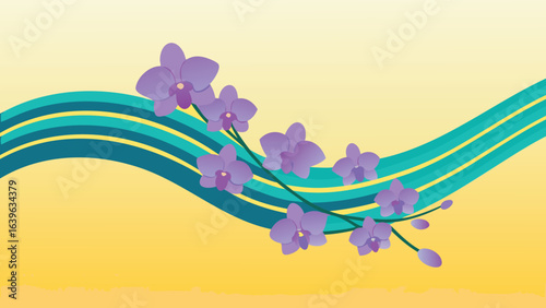 Illustration of purple orchids with green stems and buds flowing across a background with teal and yellow waves
