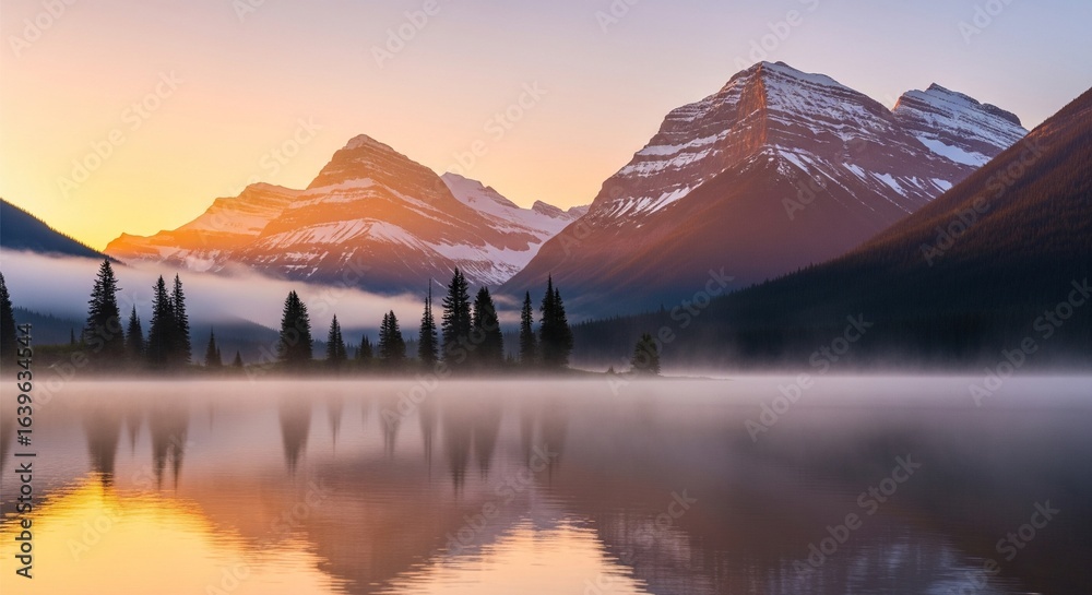 Naklejka premium Majestic Mountain View with a Misty Lake at Sunrise