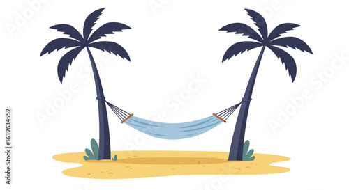 Relaxing afternoon in a tropical paradise with hammock between palm trees on sandy beach. Vector illustration