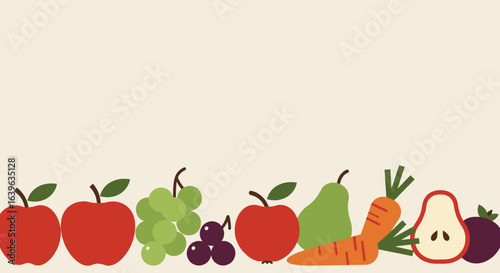 Fresh fruits and vegetables colorful display healthy food art minimalist design vibrant colors conceptual illustration. Vector illustration