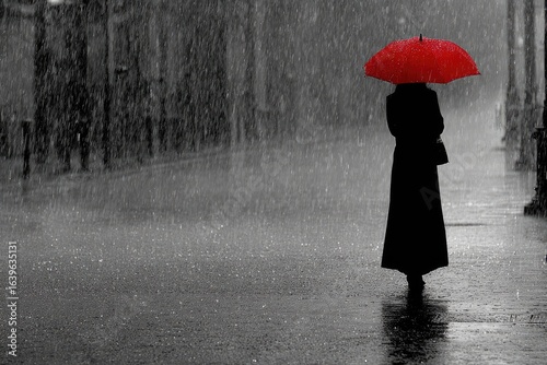 A woman in a dark coat walks a rainy street under a red umbrella