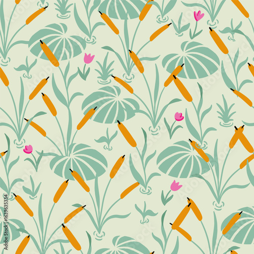 Waterlily Pond and Plants Vector Seamless Pattern