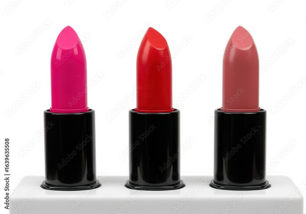 Obraz premium Three lipsticks in pink red and nude isolated on transparent background