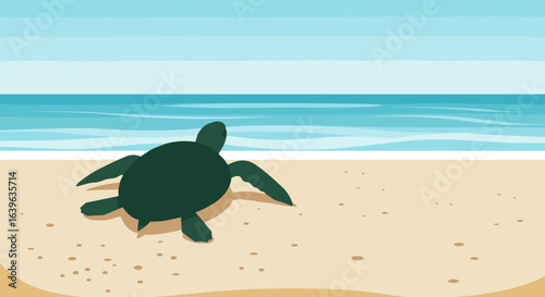 Turtle crawling on beach coastal shoreline illustration tranquil environment side view nature conservation concept. Vector illustration