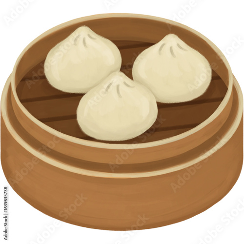 A traditional Asian food illustration featuring three steamed buns, or baozi, served in a classic bamboo steamer basket.