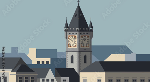 Towering clock architecture in urban setting digital art calm environment aerial view timekeeping concept. Vector illustration