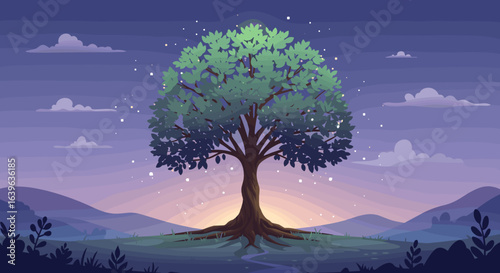 Serene sunset overlooking a majestic tree nature landscape tranquil environment peaceful viewpoint. Vector illustration