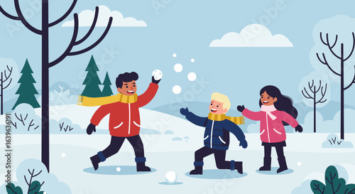 Children play with snowballs in winter wonderland outdoor activity fun environment joyful scene. Vector illustration