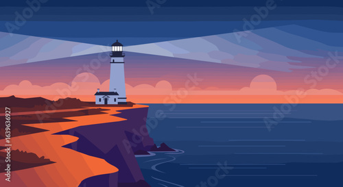 Lighthouse beacon guiding ships coastal cliffs digital art evening sunset aerial view tranquility and safety. Vector illustration