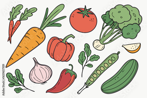 Collection of colorful hand drawn vegetables and herbs on a light background