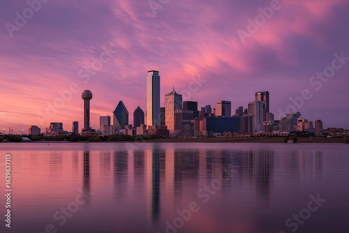 City skyline at vibrant sunrise/sunset, mirrored in calm water