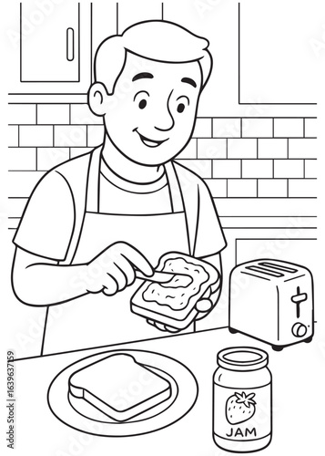 Coloring book page of dad spreading jam on toast happily.