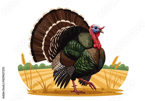 Majestic Wild Turkey with Fantail Feathers in Autumnal Field.