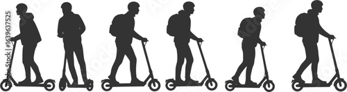 Silhouettes, people riding electric scooters, sequence of five figures, black and white illustration, minimalist design, urban transportation, side view profiles, motion progression, scooter riders 