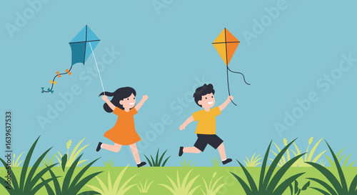 Children flying kites open field digital art bright day playful atmosphere joyful concept. Vector illustration