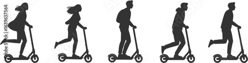 Silhouettes, people riding electric scooters, sequence of five figures, black and white illustration, minimalist design, urban transportation, side view profiles, motion progression, scooter riders 