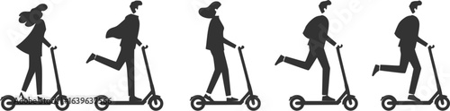 Silhouettes, people riding electric scooters, sequence of five figures, black and white illustration, minimalist design, urban transportation, side view profiles, motion progression, scooter riders 