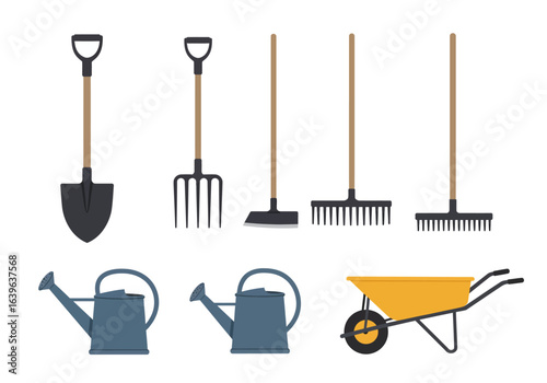 Gardening Tools Collection: Shovel Fork Hoe Rakes Watering Cans Wheelbarrow.