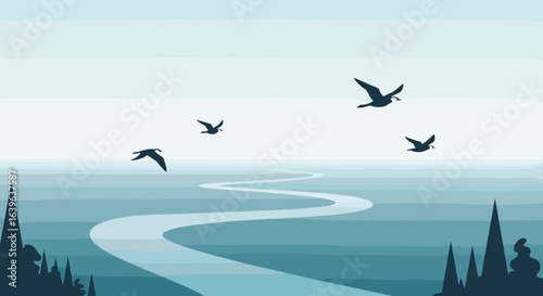 Birds soaring over tranquil river serene landscape digital art peaceful atmosphere aerial perspective. Vector illustration