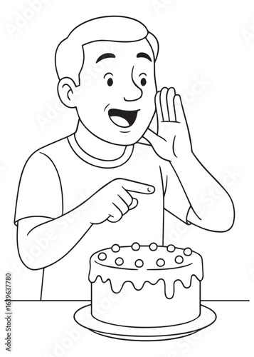 Coloring book page of dad happily decorating a cake.