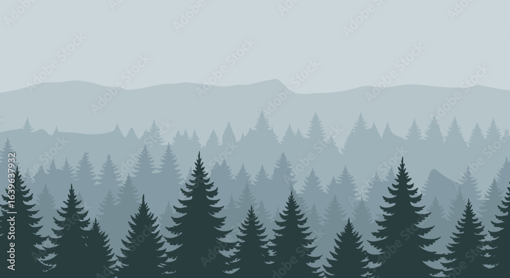 Fototapeta premium Tranquil landscape of dense pine forests mountain range digital art calm environment overcast view nature's serenity. Vector illustration