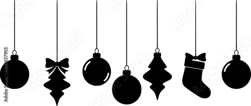 Hanging Christmas tree balls. Black silhouette. Horizontal front side view. Vector simple flat graphic illustration
