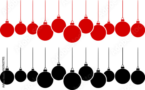 Hanging Christmas tree balls. Black silhouette. Horizontal front side view. Vector simple flat graphic illustration
