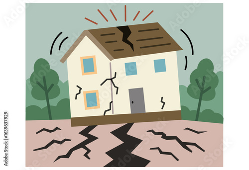 House damaged by earthquake illustration for disaster awareness, prevention, and insurance design themes