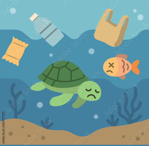 Sea turtle and dead fish suffering from ocean plastic pollution illustration