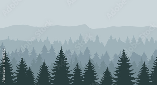 Tranquil landscape of dense pine forests mountain range digital art calm environment overcast view nature's serenity. Vector illustration