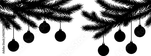 Hanging Christmas tree balls. Black silhouette. Horizontal front side view. Vector simple flat graphic illustration
