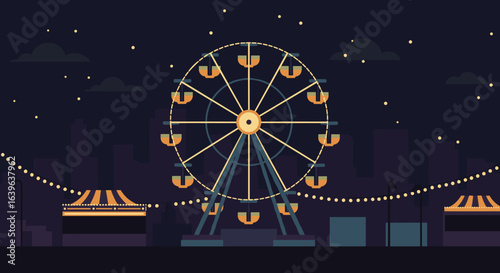 Ferris wheel ride at night carnival colorful entertainment urban setting festive atmosphere. Vector illustration