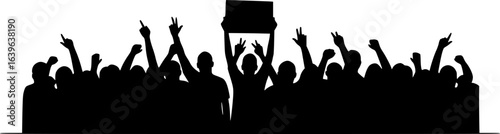 A crowd of people waves and cheers, a fan meeting drawn minimally in one continuous line. Human hands with a poster, a welcome banner vector illustration. People at a music concert