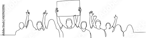 A crowd of people waves and cheers, a fan meeting drawn minimally in one continuous line. Human hands with a poster, a welcome banner vector illustration. People at a music concert