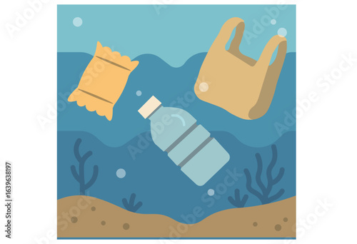 Plastic waste pollution under the ocean with floating bottle, plastic bag, and snack wrapper on seabed, marine environmental problem awareness illustration for ecology and conservation design projects