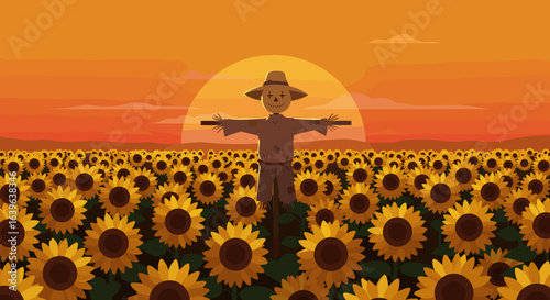 Scarecrow standing in a field of sunflowers at sunset nature illustration vibrant landscape view. Vector illustration