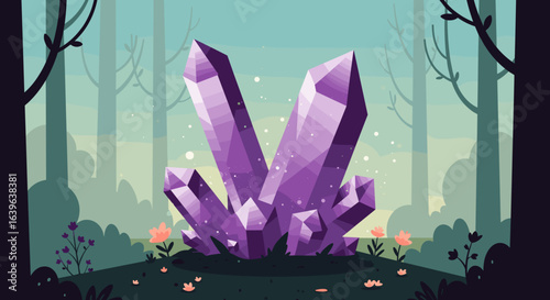 Exploring vibrant amethyst crystals in a mystical forest digital art nature tranquil fantasy. Vector illustration